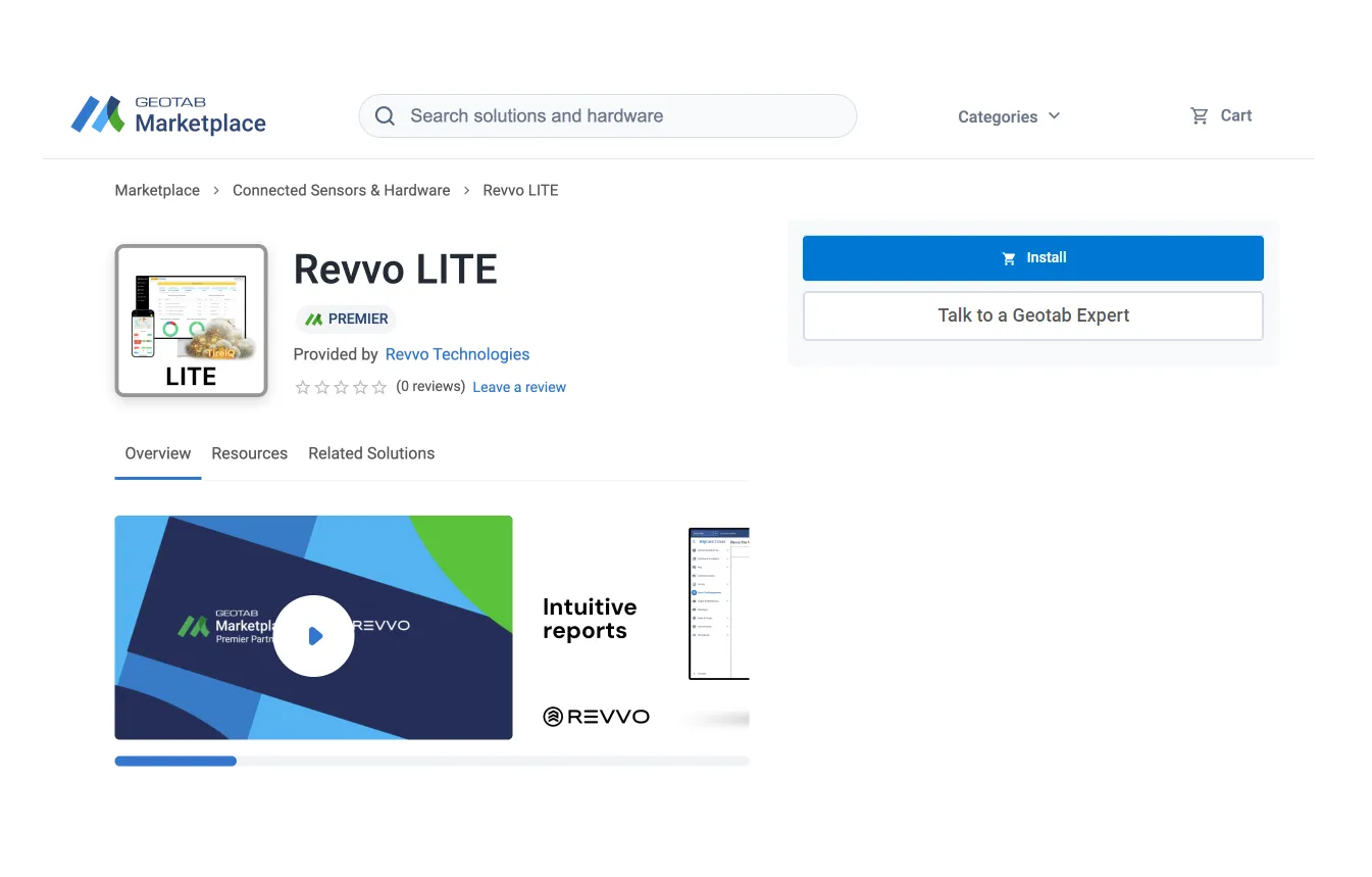 Revvo LITE listing in the Geotab Marketplace
