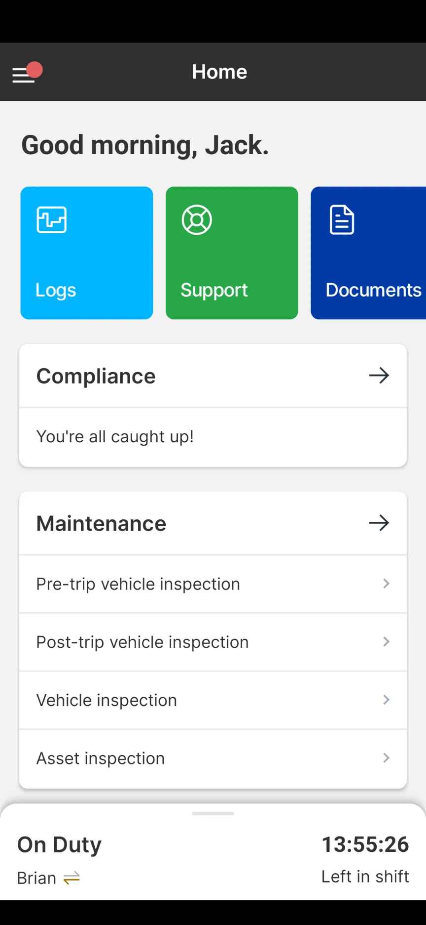 Motive Driver maintenance and inspection home screen