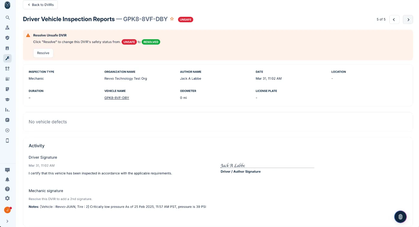 Samsara unsafe DVIR generated from a Revvo tire event