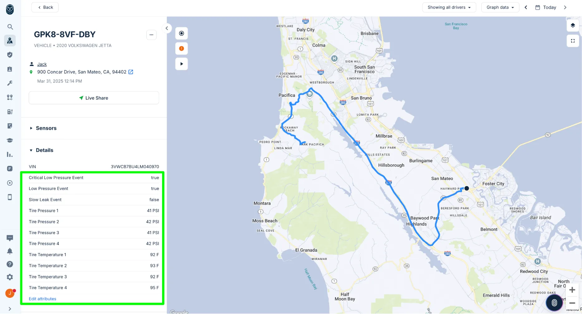 Samsara vehicle route with synchronized Revvo tire data