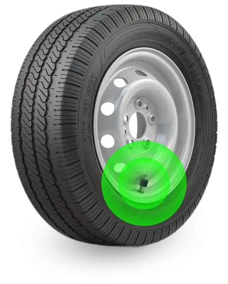Revvo Valve sensor shown mounted at a wheel valve stem