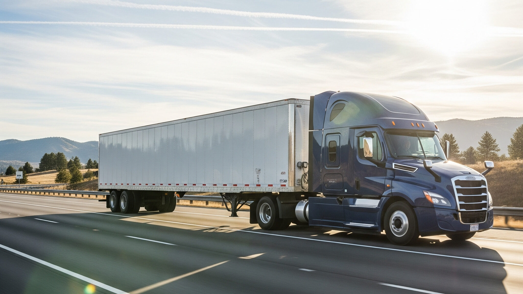 Blue semi-truck driving on highway at sunset