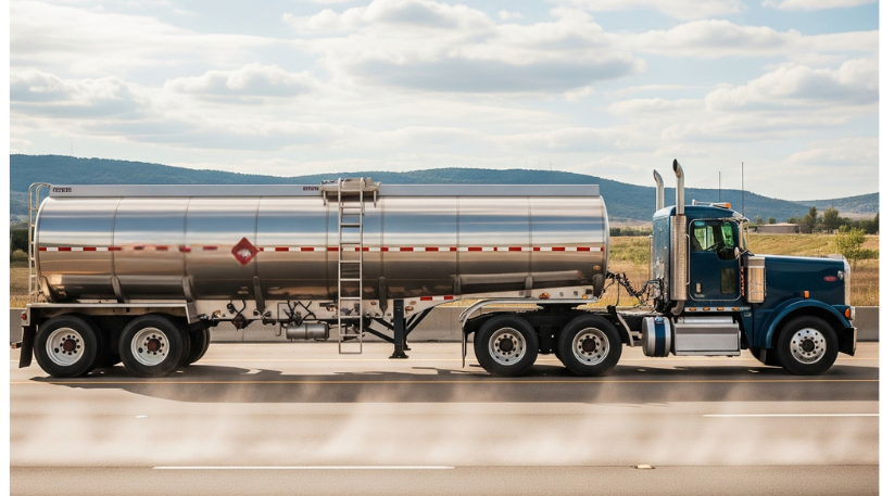 Blue tanker truck driving on highway