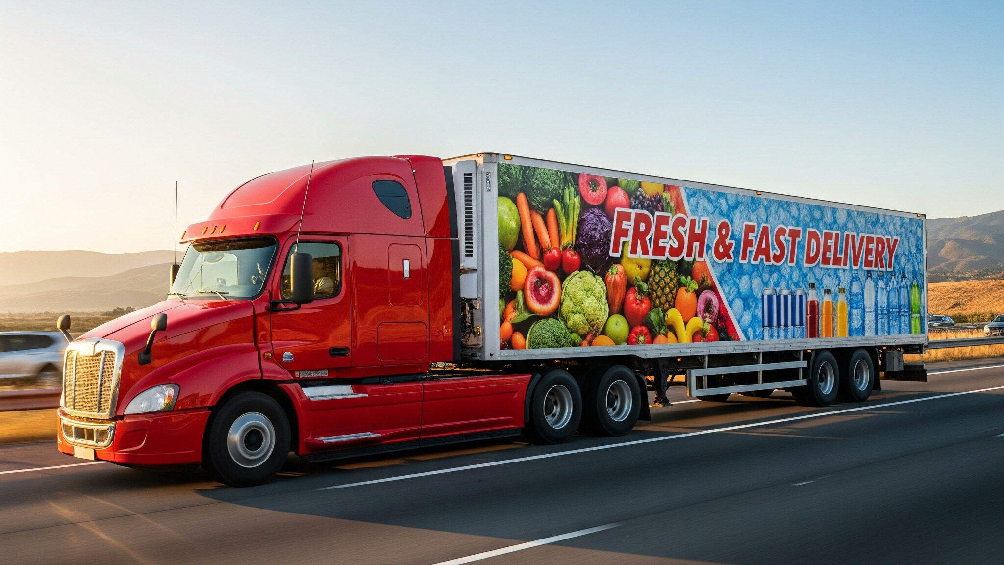 Red delivery truck with fresh produce advertisement