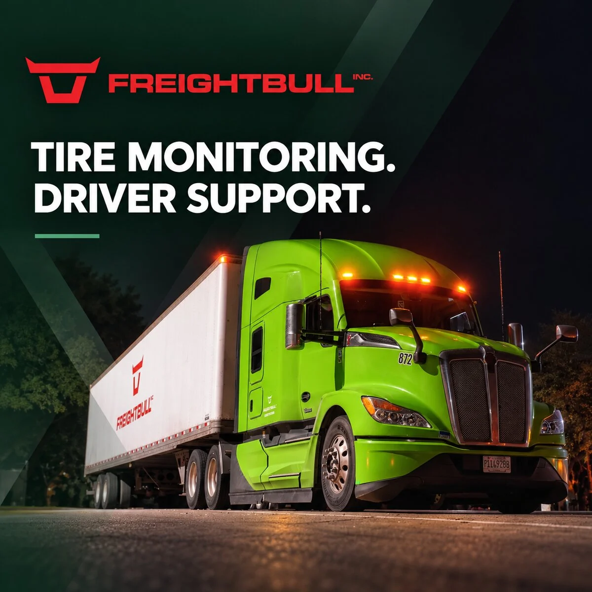 Freightbull truck with the headline Tire monitoring. Driver support.